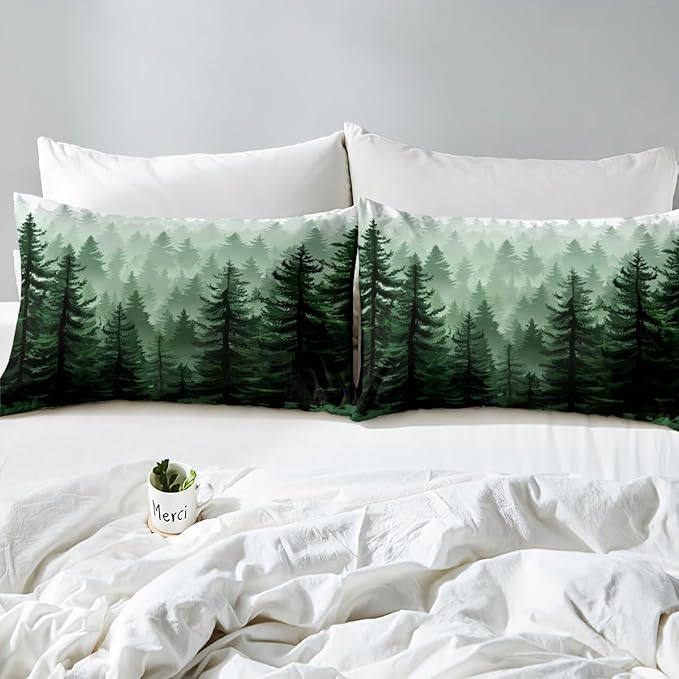 Feelyou Fog Forest Comforter Botanical Pine Trees Comforter Set for Boys Girls Children Watercolor Style Green Comforter Set Room Decor Twin Size Duvet Set 2Pcs
