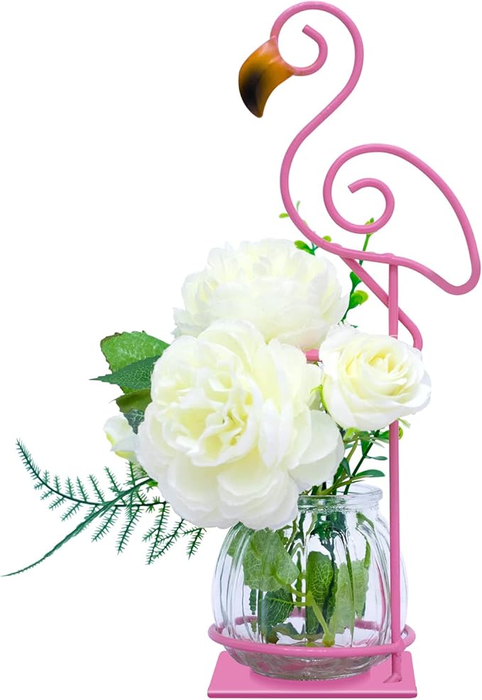 Desktop Glass Planter Vase Holder, esktop Glass Planter Hydroponics Vase，Metal Flamingo Plant Terrarium， Stand for Plants Creative Decorations for Home Patio Lawn Garden