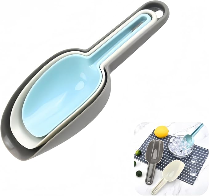 3 Piece Colored Plastic Ice Scoop Set,Thickened PP Utility Ice Scoop(Gray Large/Beige Medium/Blue Small) For Freezer,Ice Maker,Ice Cube, Ice Bucket, Coffee Beans,Ice Cream, Popcorn,Dishwasher Safe