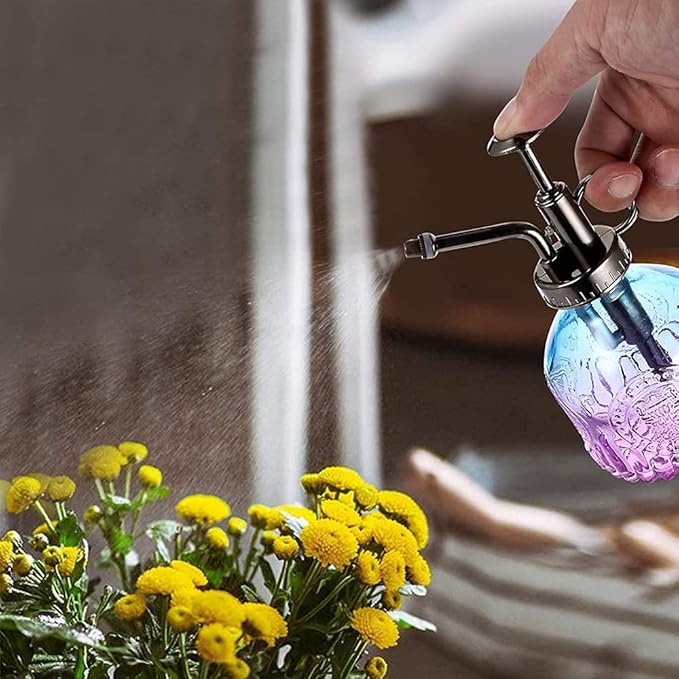 Glass Plant Mister Spray Bottle Indoor Watering Can 6.4inch Tall with Bronze Plastic Top Pump Vintage Small Plant for Outdoor Garden Succulent Flower