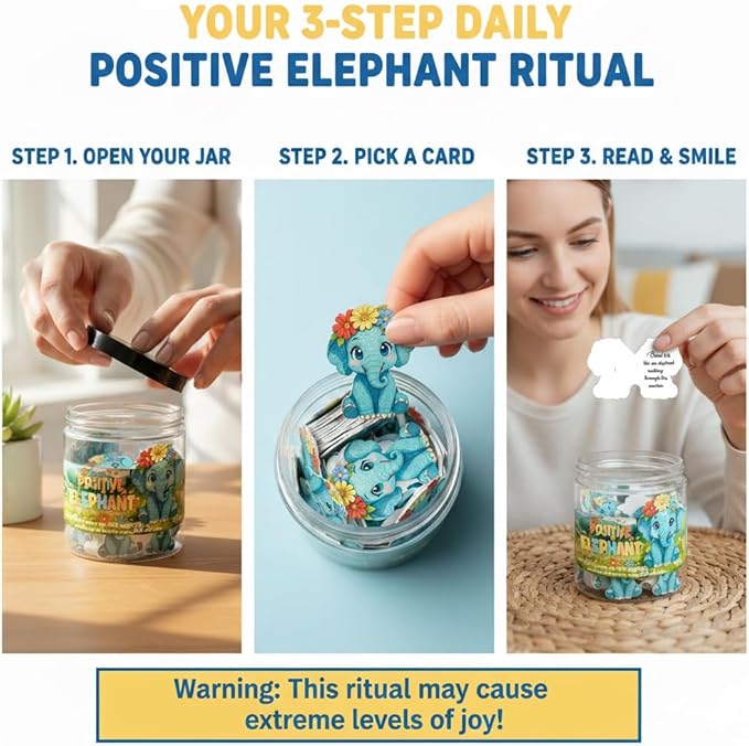 Positive Elephant Jar with 60 Daily Affirmation Cards, Emotional Support Elephant Decor, Uplifting Present for Teenage Girls and Men, Inspirational Office Desk Accessory and Appreciation Gift