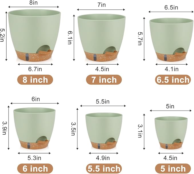 QRRICA Plant Pots 8/7/6.5/6/5.5/5 Inch Self Watering Pots, with Drainage Holes and Saucers,Water Level Indicator & Deep Reservoir,Large Plastic Planter for Indoor Out Door Plants (Green)
