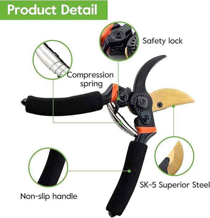 Garden Shears, Sharp Pruners for Gardening with Locking Mechanism, Ideal for Trimming, Harvesting