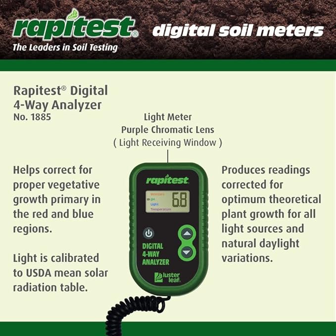 Luster Leaf Rapitest 4-Way Digital Soil Analyzer for pH, Moisture, Temperature, and Light – Designed and Engineered in the USA