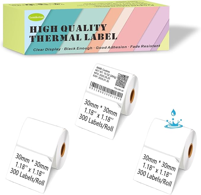 Thermal Labels Compatible for Supvan T50M Pro, Phomemo M110, Label Maker Tape Refill, Weatherproof & Tear-Resistant Thermal Stickers (30mm x 30mm, 1.18''x1.18'')