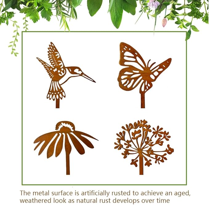 4Pcs Decorative Garden Stakes Plant Stakes Rusty Metal Flowers Hummingbird and Butterfly Garden Decor for Indoor Outdoor Patio Lawn Yard Art 14.18"