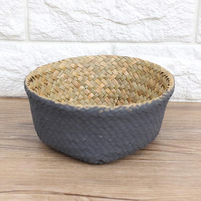 2PCS Large Seagrass Belly Basket Planter Woven Rattan Wicker Plant Pot Round Boho Decorative Wicker Planter for Home Decor(Black)