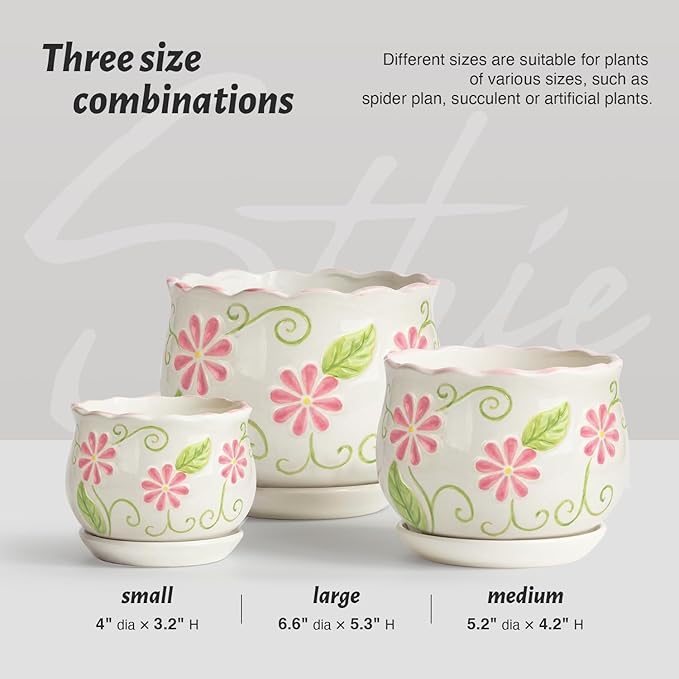 STHIE Pink Ceramic Flower Pots, 4"+5.2"+6.6" Inch Small Flower Pots for Indoor Plant with Drainage Hole,Modern Decorative Plant Pots Set of 3, Indoor Planters with Saucer