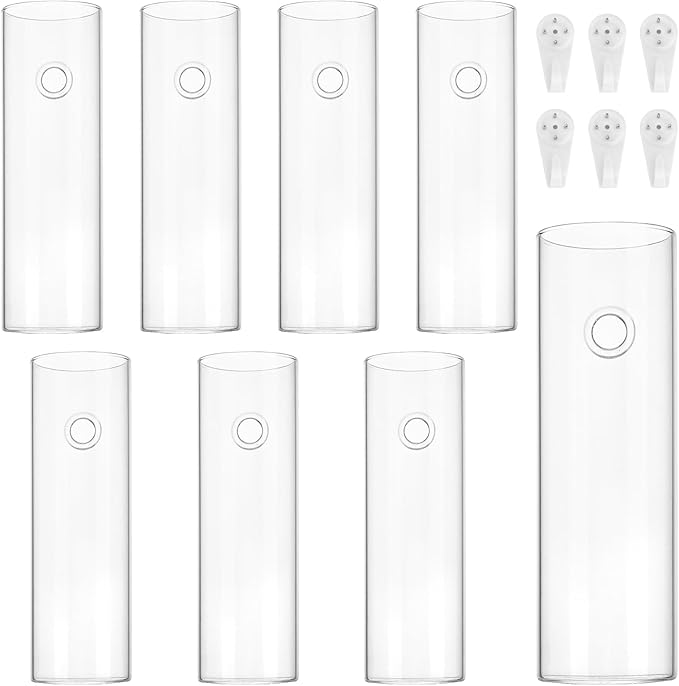 JEUIHAU 8 PCS 5.9 in x 1.85 in Glass Wall Mounted Planters, Wall Glass Tube Plant Holder, Clear Flower Vases Hanging, Propagation Containers for Hydroponics Plants, Garden Decor