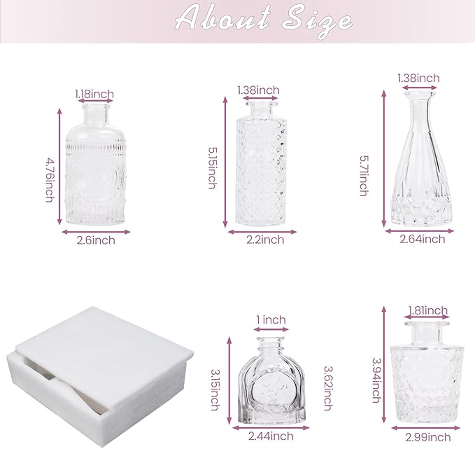 TBWIND Glass Bud Vase Set of 5, Small Clear Flower Vases for Centerpieces in Bulk, Mini Vintage Vase for Wedding Decor, and Home Table Décor
