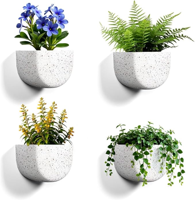 Asnext 2 Pack Wall Hanging Planter Pots for Indoor and Outdoor Plants, 7 Inch Half-Moon-Shaped Plastic Wall Planter, Wall Mounted Succulent Planters (Speckled White)
