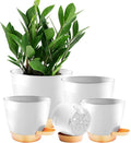 5-Pack Plant Pots with Drainage 7/6.5/6/5.5/5 Inch, Self Watering Pots for Indoor Plants, Planters for Indoor Outdoor Plants, Plastic Flower Pot, Planter for Indoor Outdoor (White)