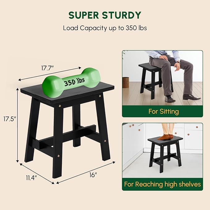 BEEFURNI Rectangular Acacia Wood Stool, Small Bench Seat, 18 Inch Stool, Wood Bathroom Vanity Bench, Plant Stand Indoor, 350 LBS Load Capacity, 1-Year Manufacturer Warranty (Black)