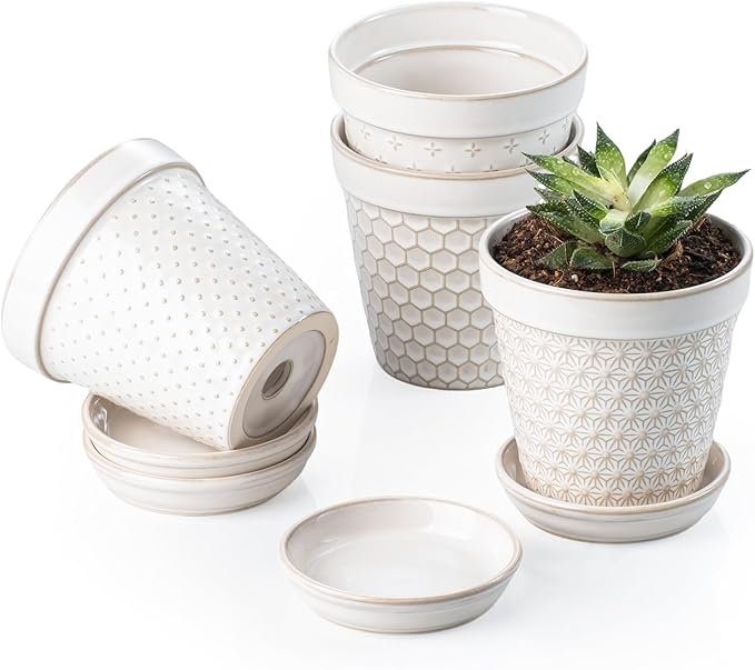 Ceramic Succulent Pots with Drainage Hole & Saucer, 4 Inch Small Plant Pots, Ceramic Planter for Indoor Plants, Embossed Flower Pots, Home Decor, Set of 4, Off-White