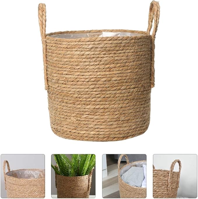 Cabilock Picnic Basket Seagrass Planter Basket Flower Pot Cover Straw Weaving Plant Container Vase Wicker Trash Can Garbage Bin Rattan Storage Organizer Bin Laundry Hamper Plant Pots