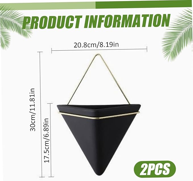 Black Wall Planter, 2Pcs Wall Planter for Indoor Plants, Ceramic Hanging with Metal Frame Geometric Decor for Air Plant Mini Cactus Faux Plants