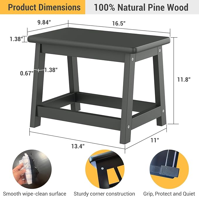 Wooden Step Stool, Foot Stool, Shoe Bench, Small Side End Table, Small Sofa Foot Stool for Bathroom Living Room Bedroom Kitchen Entryway Modern Sturdy 16.5x11x11.8inchs (Black)