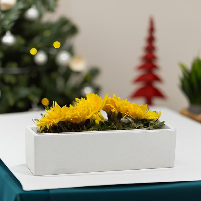WGVI Long Rectangle Ceramic Planter Vase in White 14" x 4" x 4"H, Rectangular Box Block Terrarium Pot, Flower Arrangement, Tabletop Centerpiece, Home Decor Organization Storage Container, 4 Pcs.