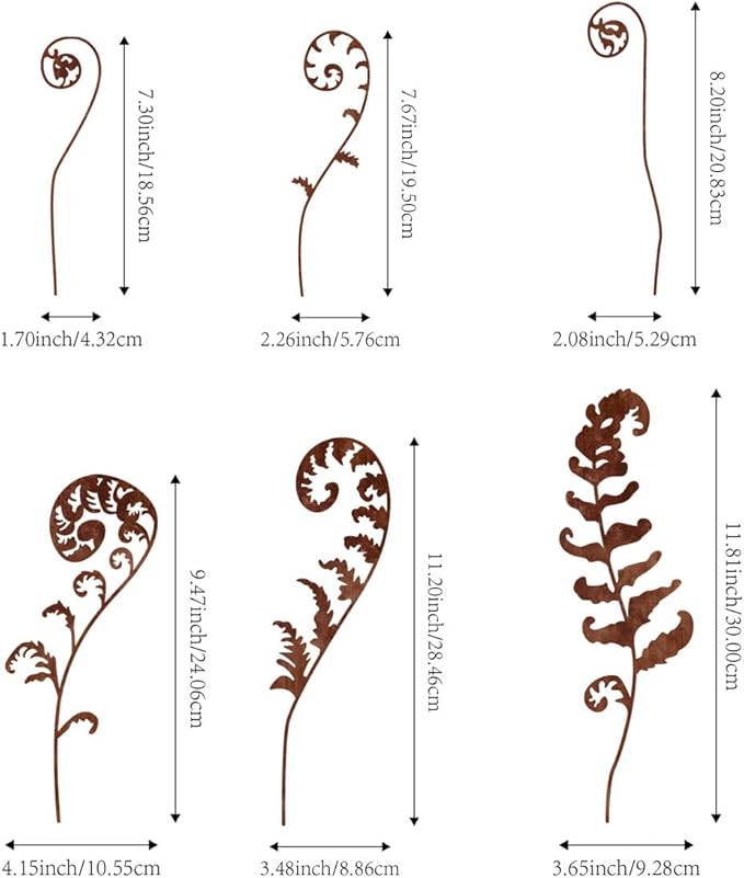Metal Fowers for Outside,Set of 6 Fern Plants Garden Stakes Decorative Statues,Yard Art Outdoor Plant Decorations for Indoor Potted Plant Pots (Brown)