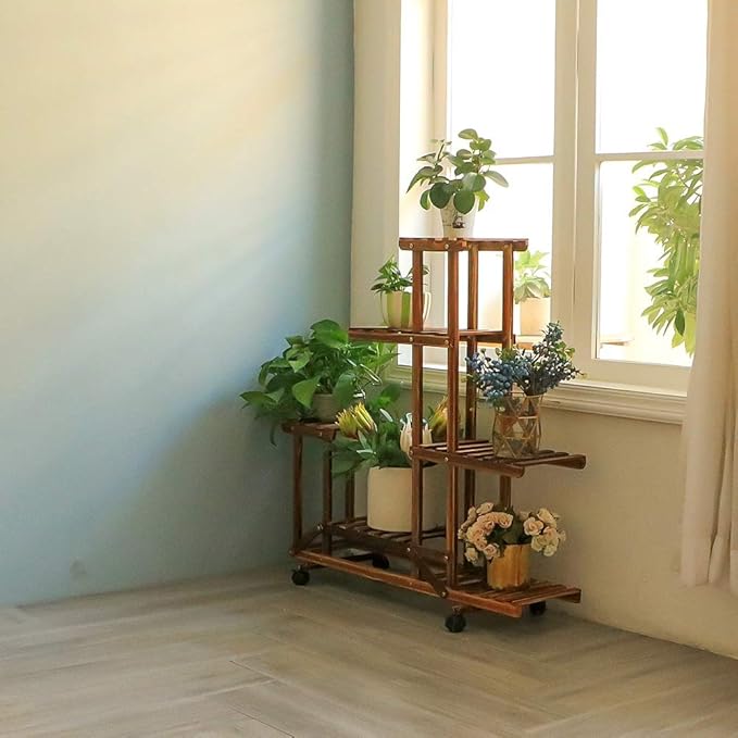 unho Plant Stand with Wheels: 6 Tiered Wooden Shelf Rolling Storage Rack Holder for Patio Garden Livingroom Balcony Yard Indoor Outdoor Display Potted Flowers Succulents Herbs
