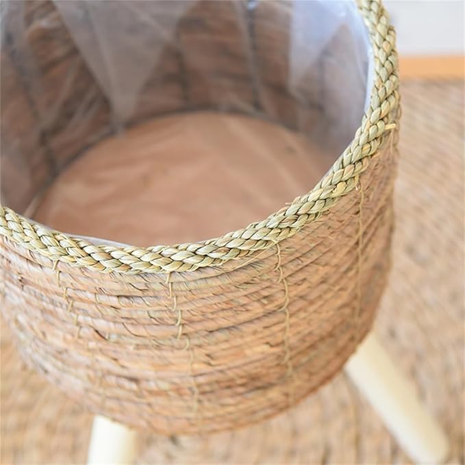 Woven Rattan Woven Plant Pot On Wooden Standing Legs, Round Floor Rattan Plant Stand Holder, Wicker Plant Basket with Stand for Living Room Balcony Home Decor