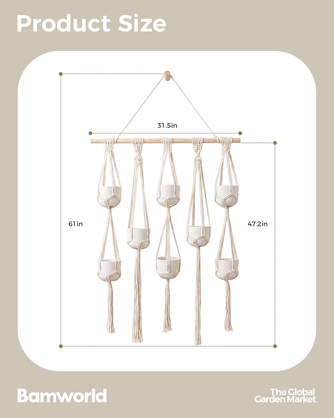 Bamworld Macrame Plant Hanger with Wooden Dowel Multi-Tier Hanging Planters for Indoor Plants Wall Mounted Hanging Plant Holder with 7 Pockets Boho Hanging Baskets for Wall Decor(Pot Not Included)