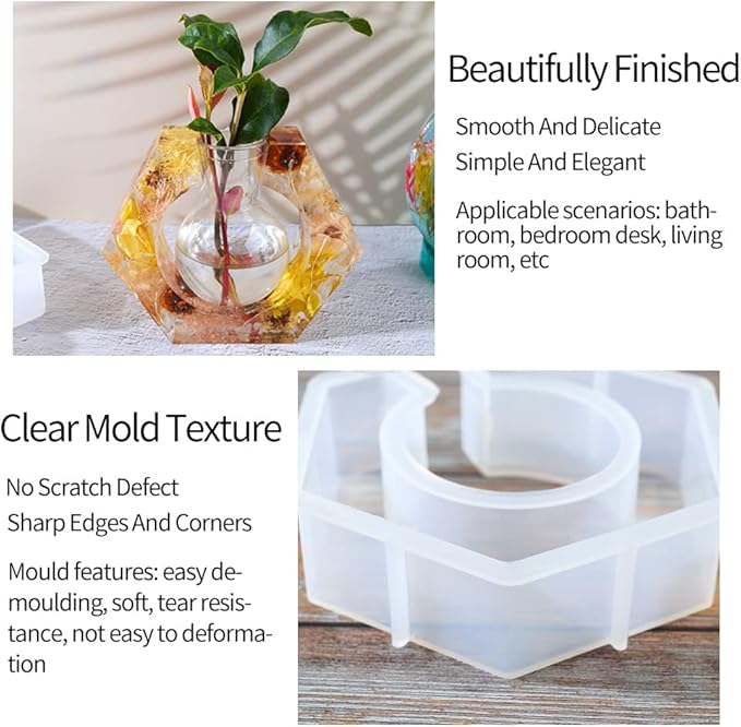 Silicone Resin Mold for Plant Propagation Station,Hexagon Planter Epoxy Mold for Hydroponic, with Plastic Bottle for Home Garden Wedding Desk Decoration