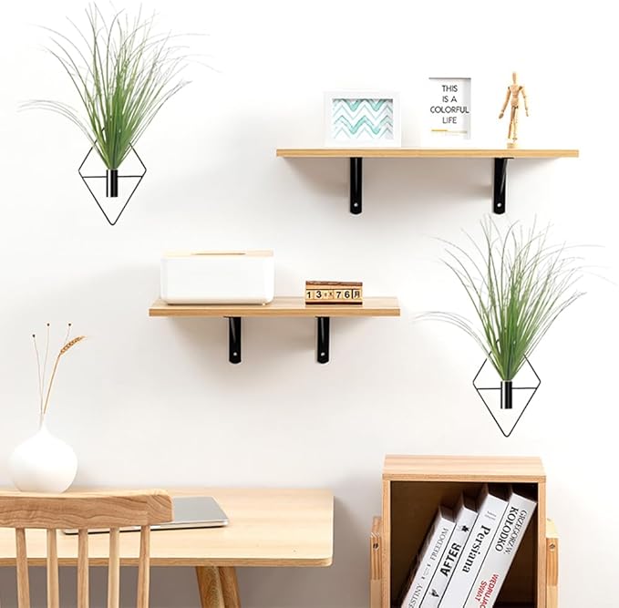 Hanging Planters with Artificial Plants, 2pcs Diamond Shape Metal Hanging Vase with Artificial Shrubs Wheat Grass Greenery Indoor Plants Holder Wall Decor for Home Living Room Bedroom Office (Black)