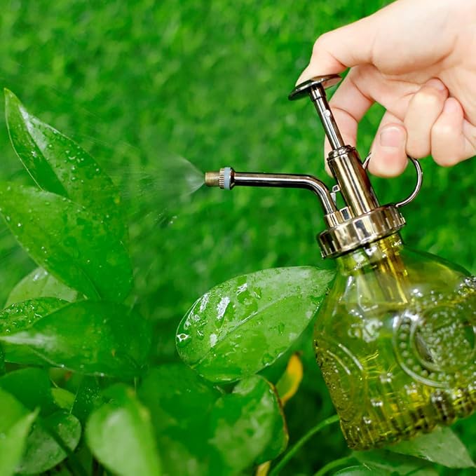 Hniuyun Glass Plant Mister Spray Bottle, 6.4 all Vintage Plant Spritzer Watering Can, Bronze Plastic Top Pump, Plant Mister Glass Watering Garden Tool (Yellow)