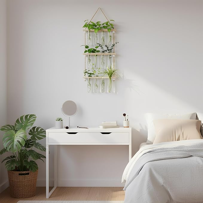 20Tubes Hanging Plant Propagation Station, 4-Tier Wall Mounted Wooden Plant Stand with 3cm Large Shatterproof Plastic Tubes for Pothos Plant Cuttings, Indoor Window Decor & Gifts for Plant Lovers