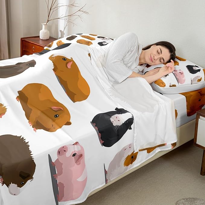 Feelyou Kids Sheet Set Twin Size Guinea Pig Bedding Set Cute Pet Pattern Sheets Set for Boys Girls Kawaii Pet Animal Theme Bed Sheet Cartoon Guinea Pig Bedding, Soft and Cozy, Lightweight