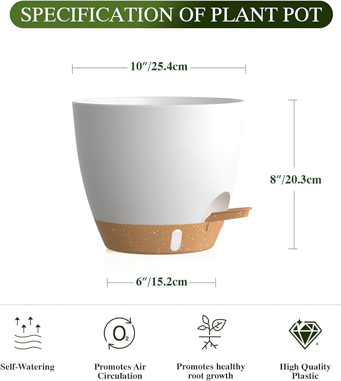 Self Watering Pots with Drainage Holes, 2 Pack 10 Inch Plant Pots with Water Level Indicator Deep Reservoir, Large Plastic Planter for Indoor Outdoor Plants - White