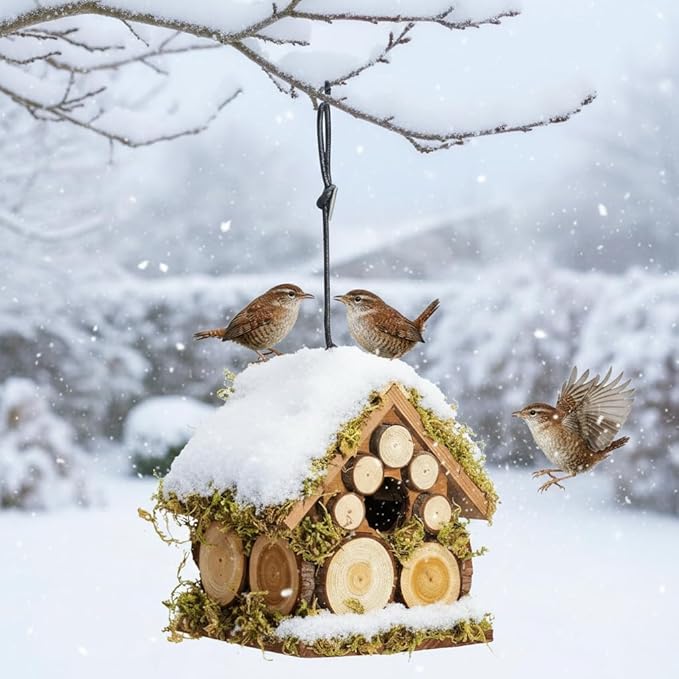 Bird House for Outside - Wren Bird House Nest Box for Outdoor - Moss Bird House with Cedar Rings- Gifts for Nature Lovers - Pole Mountable Rustic Style - 1-1/8" Entrance Hole Size