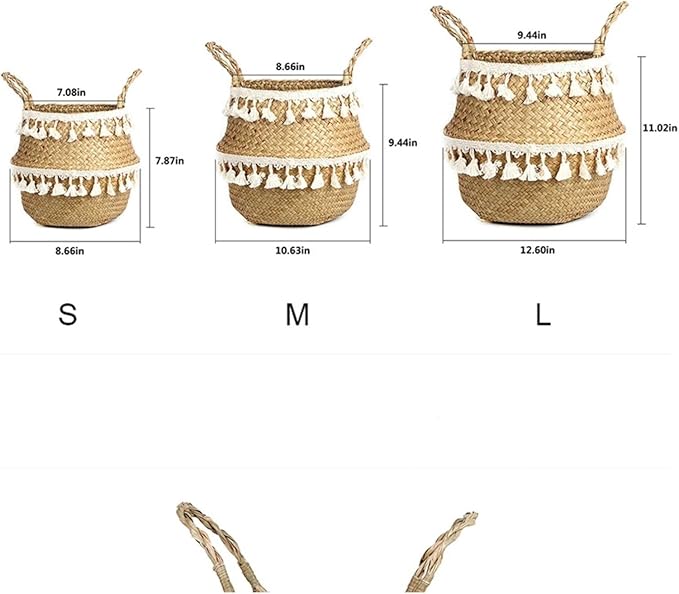 Snacko Handmade Bamboo Storage Baskets - Foldable Laundry Wicker Rattan Seagrass Belly Planter Baskets For Home Decor And Garden Use(Color 2,M 27cmX24cm)