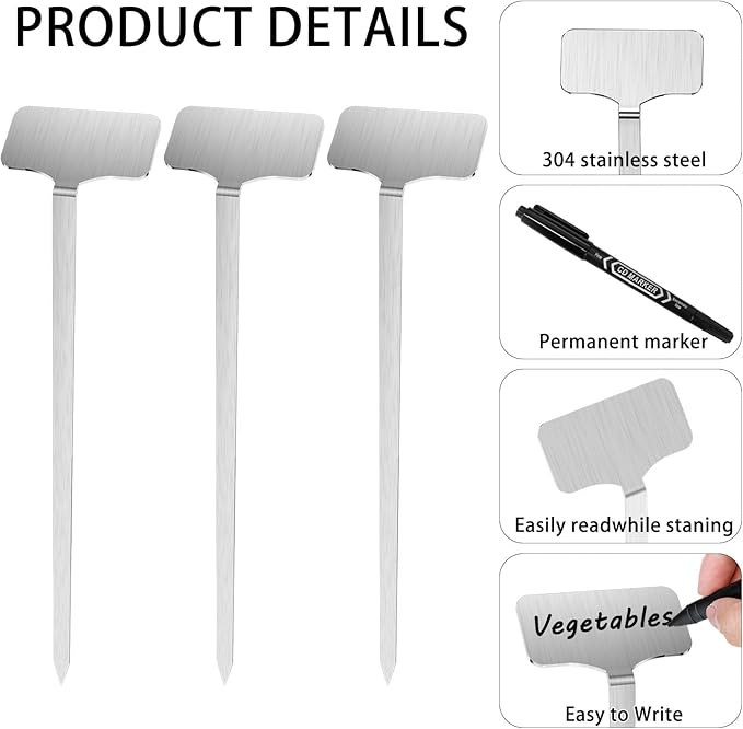304 Stainless Steel Plant Label, 50 Waterproof Metal Plant Label Stakes and Marker Pen, 7.87" Garden Markers for Outdoor Indoor Plants Identification.