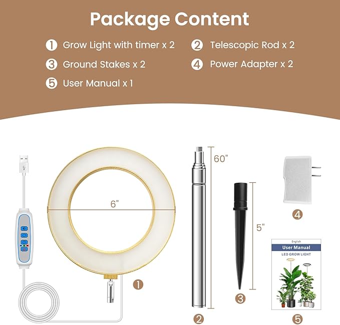Kullsinss Grow Lights for Indoor Plants, Full Spectrum Plant Grow Light with 6/12/16H Timer, 3 Color Modes, 5 Brightness, 10"-65" Height Adjustable Growing Lamp for Large Indoor Plants (2 Pack)