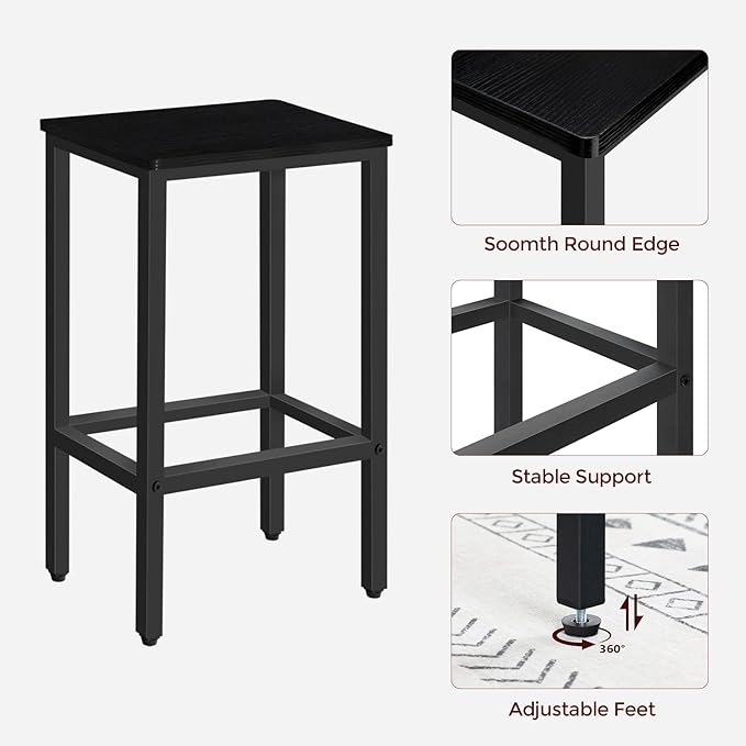 MAHANCRIS Bar Stools, Set of 2 Bar Chairs with Footrest, 2-Piece Dining Stools, 25.8-Inch Height, Rectangular Industrial Bar Stools, Strong Metal Frame, for Dining Room, Kitchen, Black BAHB0101
