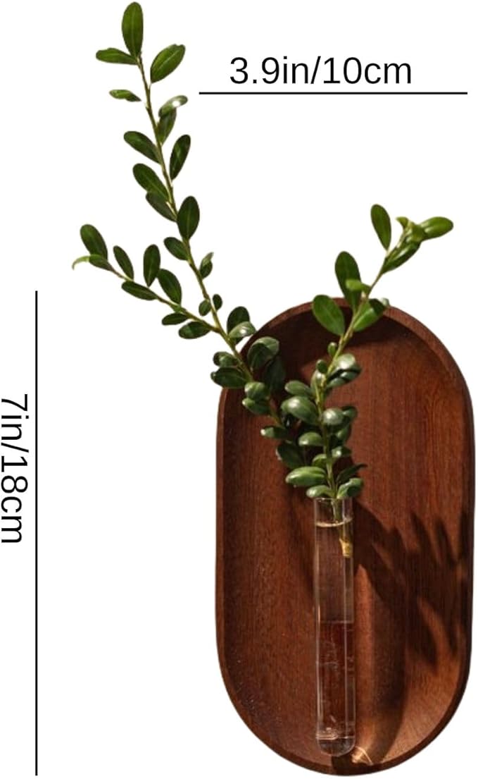 Modern Glass Test Tube Vase with Wooden Base – Wall-Mounted Floral Decor for Home and Office, Minimalist Plant Display (No Plants)