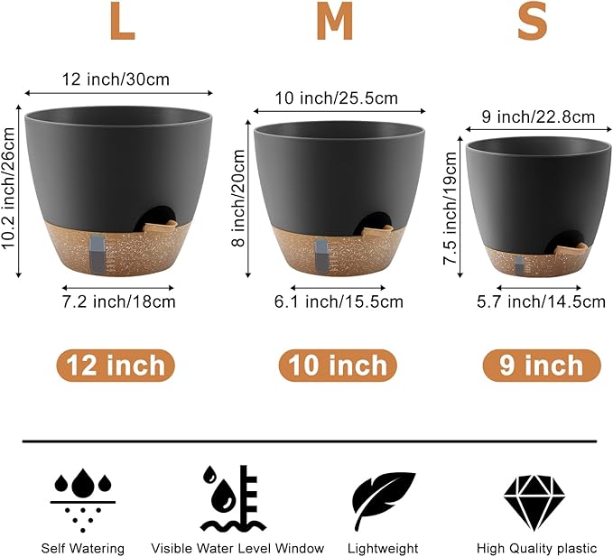QRRICA Self-Watering Plant Pots with Water Level Indicator, Drainage Holes & Saucers – 12/10/9 Inch Large Plastic Planter Set for Indoor & Outdoor Plants(Black)