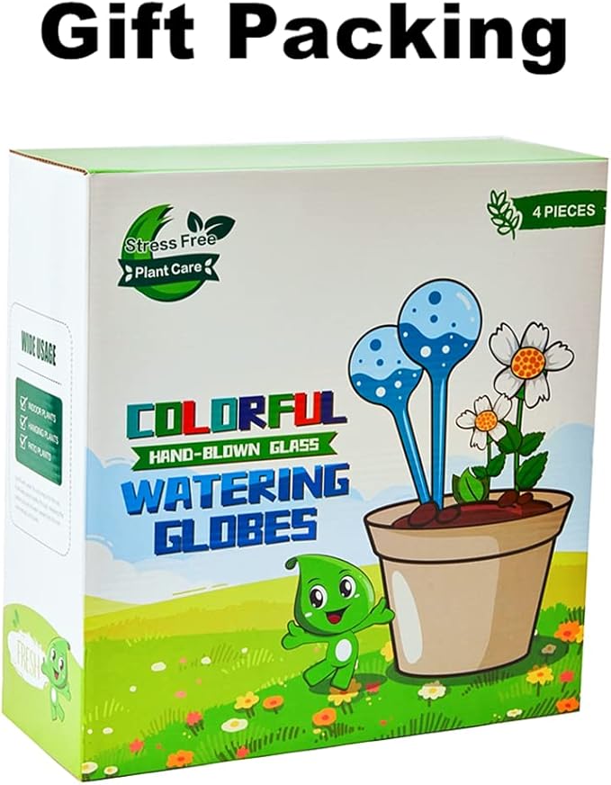 4 Pack Plant Watering Globes Indoor Colorful Hand-Blown Glass Self Watering Bulbs Decorative Design Plant Automatic Self Watering Spikes (Big Colorful)