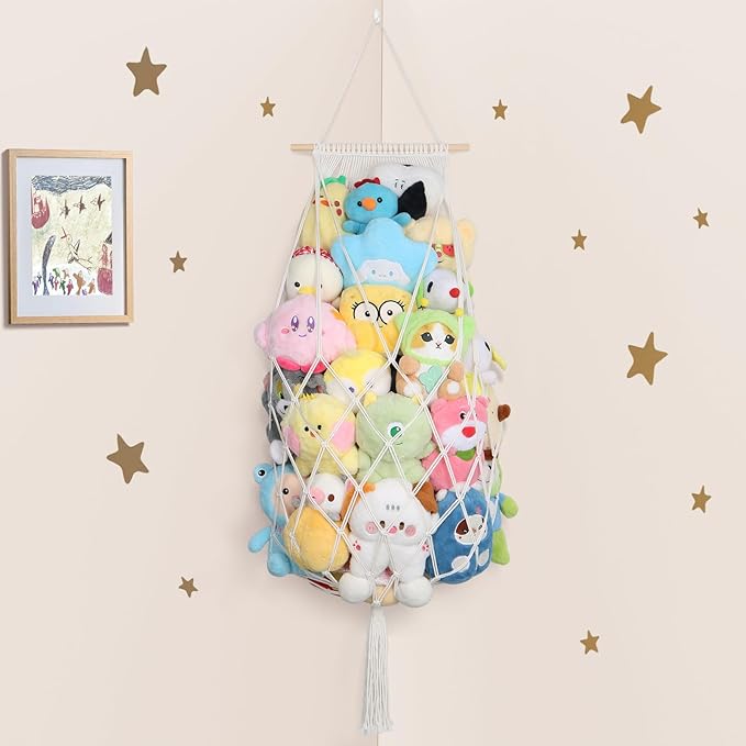 Stuffed Animal Storage Net Corner, 70 Inch Jumbo Macrame Stuffed Animal Hammock Plushie Net, Wall Ceiling Hanging Stuffy Storage Stuff Animal Organizer for Kid Boho Nursery Decor Gift (Cream)