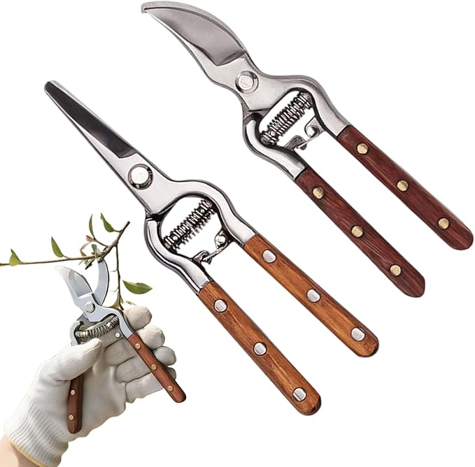 Pruning Shears – Stainless Steel Garden Scissors, Manual Hand Trimmer, Precision Cutting Tool | Curved Straight Tip Options, Spring Loaded Action, Easy Control Plant Care Solution for Flowers Vegetabl