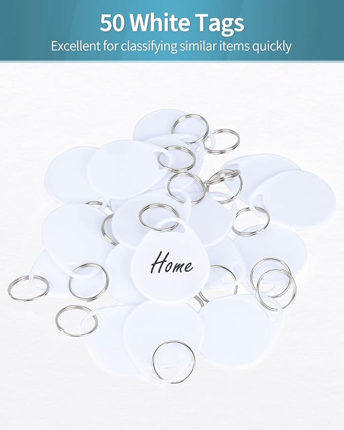 Uniclife 1.5 Inch Tough Plastic Key Tags Sturdy Round White Item Identifiers with Blank Paper Label Stickers and Split Rings, 50 Pack
