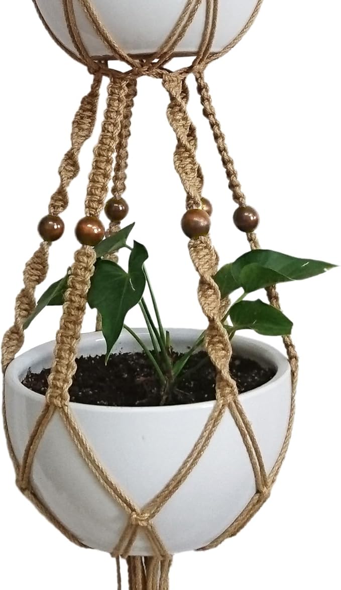 1 PCS 6 Legs Macrame Plant Hanger Jute Double Tiers Plant Hanger & Plant Holder with 6 pcs Round Brown Wood Bead, Hanging Planter 65-inches for 8 inch and 10 Inch Plant Pot (Without Pot)