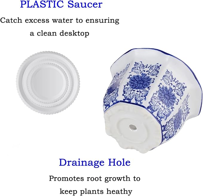 HakkaGirl Ceramic Pots for Plants, Chinoiserie Décor Ceramic Flower Pots Planters for Indoor Plants with Drainage, Blue and White, Set of 3