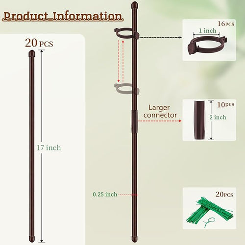 20Pcs Plant Support Stakes 17 inch SupKing Garden Orchid Sticks Extended to 3ft 4ft 5ft Plant Poles with Clips for Indoor Outdoor Potted Tomato Rose Amaryllis Vegetables Comes with 20 Ties(Brown)