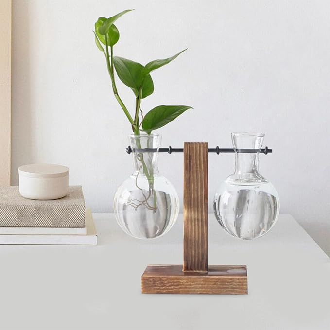 Milisten Hydroponic Glass Planter Vase Accessories with Wooden Stand Clear Borosilicate Glass Indoor Plant Pot Decor 3.94X2.75X2.75In Table Centerpiece Flowerpot