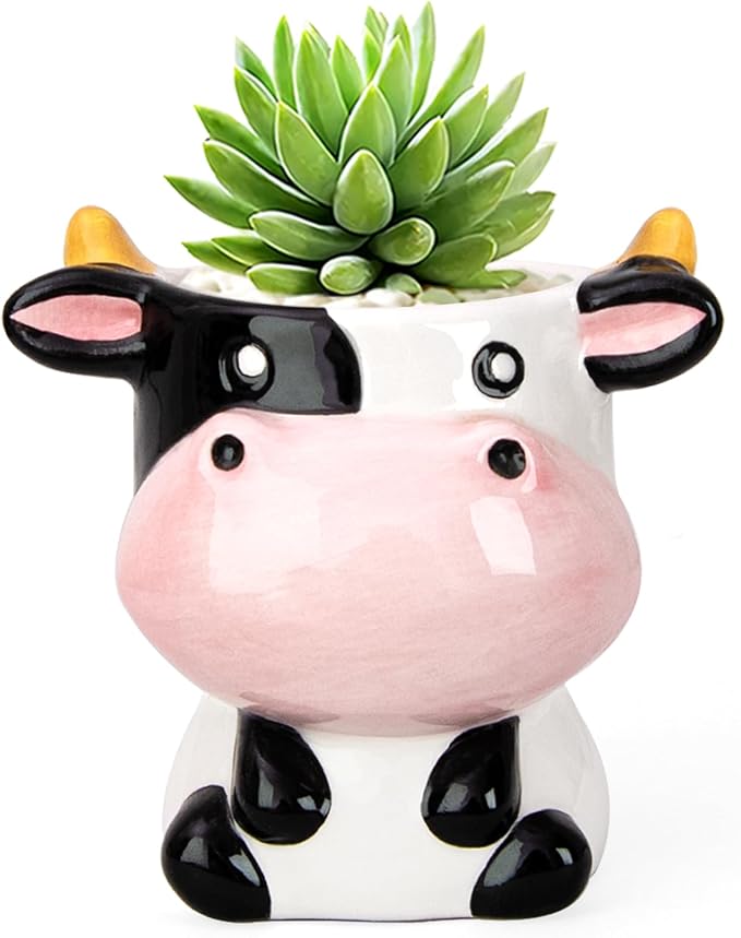 Cute Cow Animal Ceramics Planter Succulent Pot with Drainage, Plant Pot for Indoor Mini Plants Flower Cactus, Home and Garden Decor Fun Gifts