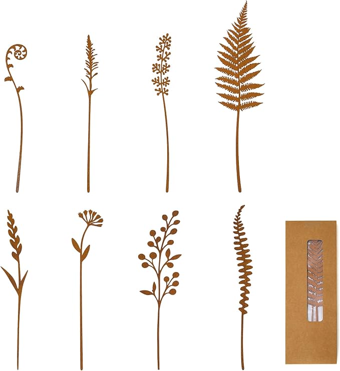 8-Piece Fern & Leaf Garden Stakes – Hand-Rusted Metal Plant Stakes for Flower Beds, Lawns, Pots, Patio, Outdoor Garden Décor, Yard Art & Plant Decorations