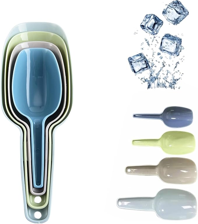 4-Piece Multi-Purpose Scoop Set - Colorful Plastic Scoops for Ice, Flour, Coffee, Pet Food & Dry Goods - Perfect for Freezer, Canisters & Kitchen Storage (4 Sizes Included)